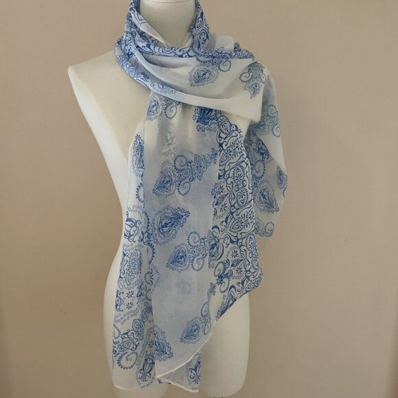 Vintage Baroque Silky Scarf Wrap Blue Medallion Sheer Lightweight 62 X 28" - Picture 3 of 8